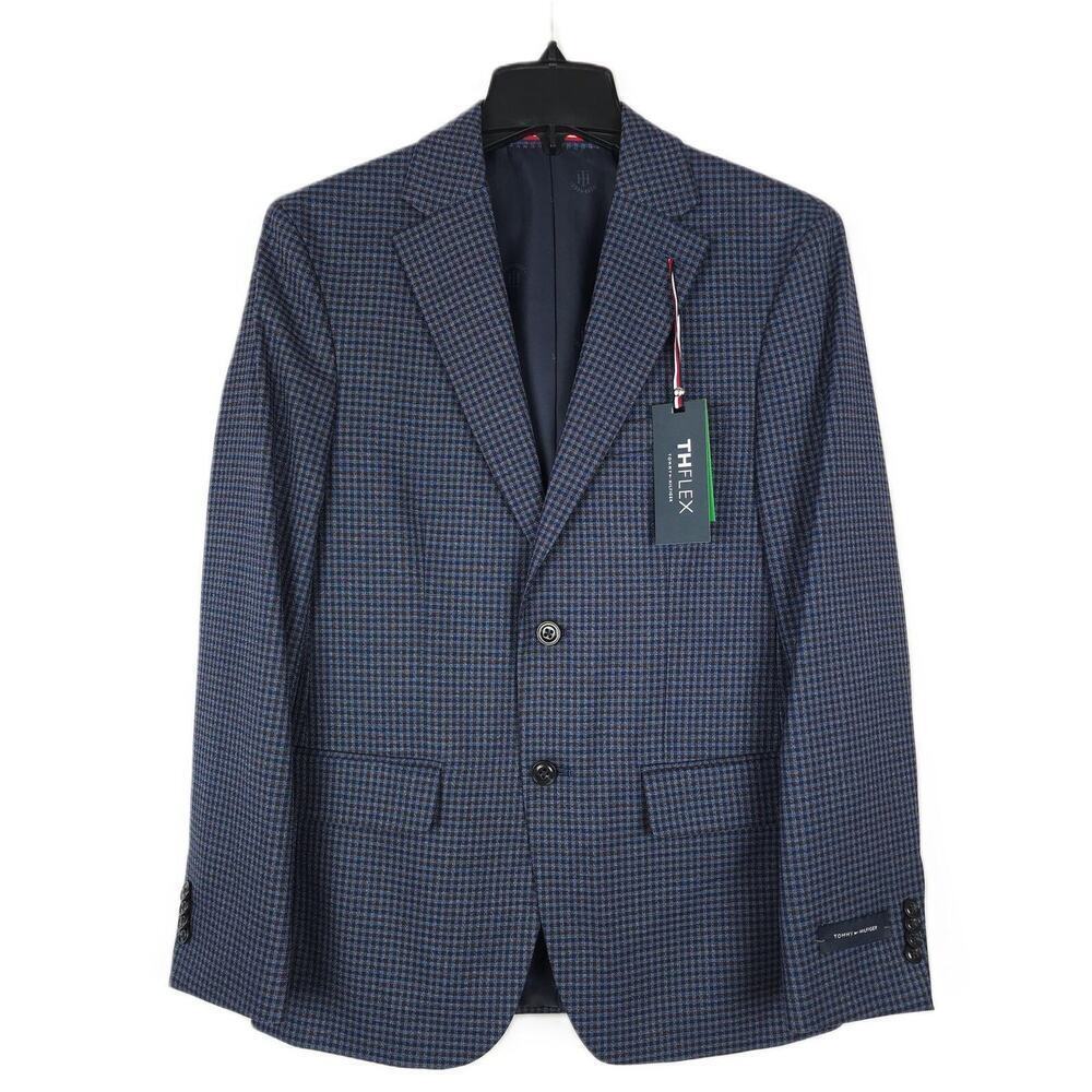 Tommy Hilfiger Mens Modern Fit Sport Coat Blazer 36R Blue Brown Check Stretch